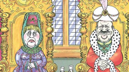 Zu Gast beim Sultan. Die Zeitschrift "LeMan" würdigte die Besuche von Angela Merkel bei Recep Tayyip Erdogan im Jahr 2016. 