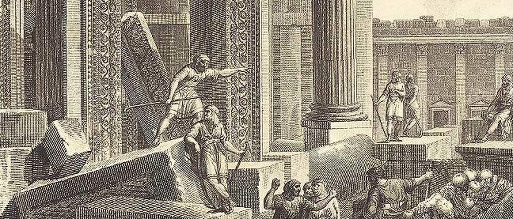 Schönheit des Baal-Tempels. Der Eingang zur Cella auf einer Radierung von Jean-Baptiste Réville and Pierre Gabriel Berthault nach Louis-François Cassas, 1799.