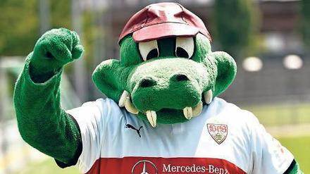 Schießt scharf. VfB-Maskottchen Fritzle kurbelt beim Aufsteiger im Hintergrund.