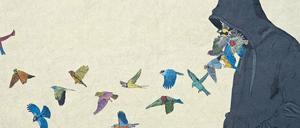 Das Mural „Hoodie Birds“ gestaltete der Streetart-Künstler Don John 2014 im Rahmen des Projekts „One Wall“ von Urban Nation am Mehringsplatz. 