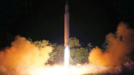 Das von der nordkoreanischen Regierung am 29.07.2017 zur Verfügung gestellte Foto zeigt den Angaben zur Folge einen Test mit einer Hwasong-14 Interkontinentalrakete (ICBM) am 28.07.2017 an einem ungenannten Ort in Nordkorea.