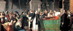 Atahualpa, der letzte Herrscher des Inkareichs, nach seiner Hinrichtung 1533 durch die Spanier. Gemälde aus dem 19. Jahrhundert von Luis Montero.