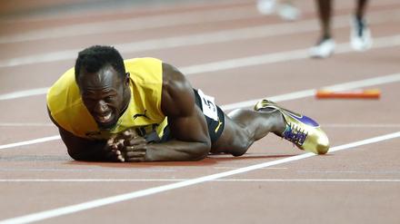 Ein Ende mit Schrecken. Usain Bolt bei seinem letzten Rennen in London und in seiner Karriere.