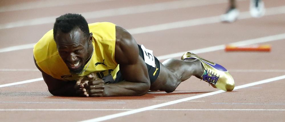 Ein Ende mit Schrecken. Usain Bolt bei seinem letzten Rennen in London und in seiner Karriere.