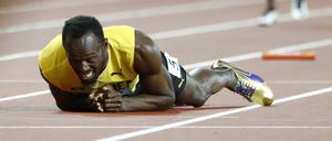 Ein Ende mit Schrecken. Usain Bolt bei seinem letzten Rennen in London und in seiner Karriere.