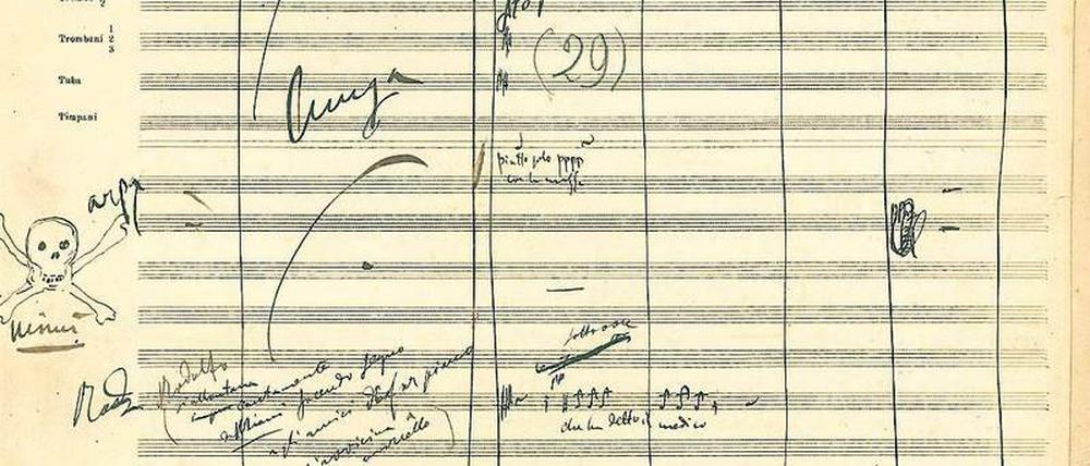 Handschrift und Drama. Eine Partiturseite aus Puccinis „La Bohème“, mit Mimìs Tod, erkennbar am Totenkopf. Die Autografe werden jetzt digital aufbereitet.