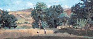 Sommer in Burgund. Jean Baptiste Camille Corots Gemälde „Weizenfeld im Morvan“ (Champ de blé dans le Morvan, Ausschnitt) aus dem Jahr 1842 lässt Mirko Bonnés Helden davon träumen, in diesem Landschaftsbild zu verschwinden.