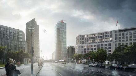 Lückenfüller: Eine Simulation (rechts) zeigt den geplanten Neubau am Leipziger Platz 18-19.