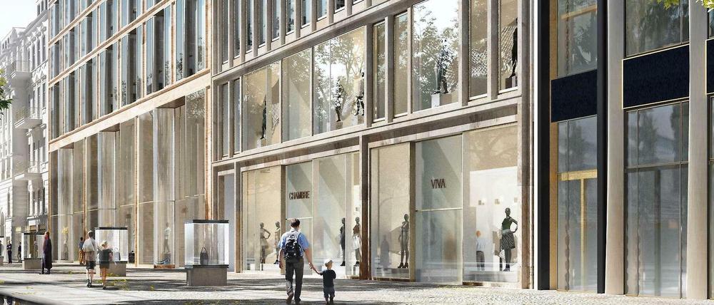 Die geplanten Neubauten am Ku’damm im Modell: In der Mitte sieht man den Nachfolger des Gloria-Palasts, links daneben den Ersatz für das frühere Görtz-Haus.