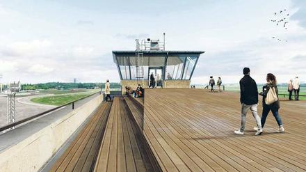 Gibt’s bald auch in echt. Der Senat erwartet, dass künftig jedes Jahr 150.000 Besucher auf der Dachterrasse in Tempelhof flanieren werden.