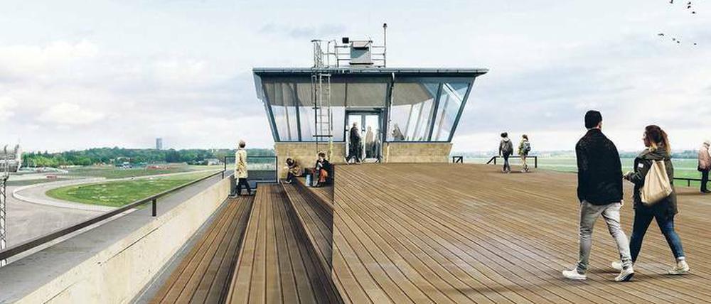 Gibt’s bald auch in echt. Der Senat erwartet, dass künftig jedes Jahr 150.000 Besucher auf der Dachterrasse in Tempelhof flanieren werden.