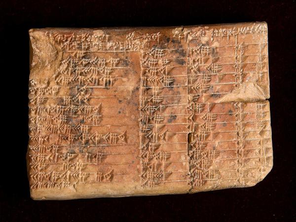 Eine Tontafel, in die Zeichen in Form einer Tabelle eingeritzt sind.