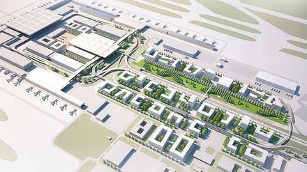 Nach dem Masterplan wird der BER zu einem Rechteck (links). Rechts ist die Airport-City mit Büros und Hotels vorgesehen. 
