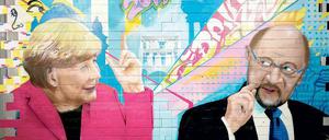 „Macht! Kampf! Wahl!“: Für die ZDF-Dokumentation zum Endspurt des Bundestagswahlkampfes hat der Künstler Dejan Kutanoski ein Doppelportrait von Kanzlerin Angela Merkel (CDU) und ihrem Herausforderer Martin Schulz (SPD) gesprayt. Die Sendung ist in der ZDF-Mediathek zu sehen.