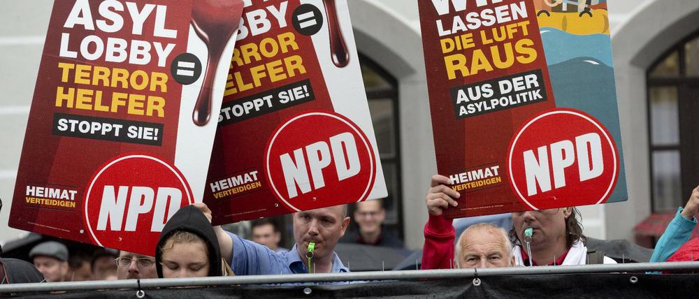 NPD-Aktivisten bei einem Wahlkampfauftritt von Kanzlerin Angela Merkel Anfang September im sächsischen Torgau.