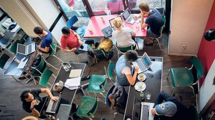 In einem Café arbeiten Menschen an ihren Laptops.