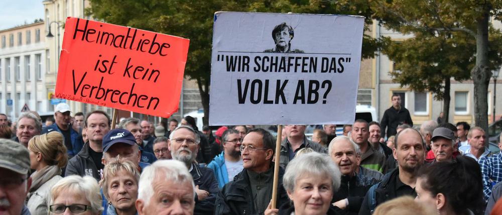 Für Blau. AfD-Anhänger bei einer Wahlkampfveranstaltung in Cottbus.