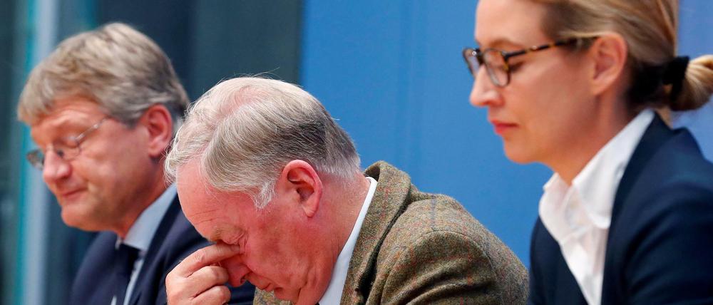 Die AfD-Spitze mit Jörg Meuthen (l.), Alexander Gauland und Alice Weidel wurde von Frauke Petrys Entscheidung völlig überrascht.