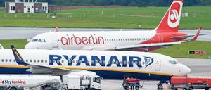 Problemfluglinien. Sowohl bei der insolventen Air Berlin als auch beim Billigflieger Ryanair hebt zurzeit nicht jedes Flugzeug ab. 
