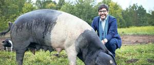 Sauwohl. Senator Dirk Behrendt zu Besuch beim Sattelschwein auf der Domäne Dahlem.