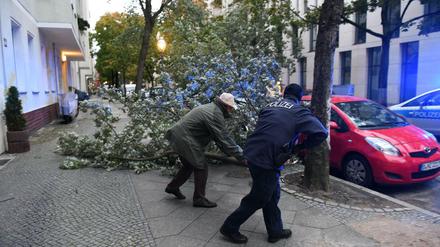 Ein Polizist und ein Anwohner beseitigen am 05.10.2017 in der Gieselerstraße in Berlin Sturmschäden.