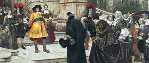 Große Audienz. Kurfürst Friedrich Wilhelm begrüßt französische Flüchtlinge in Potsdam (Gemälde von Hugo Vogel).