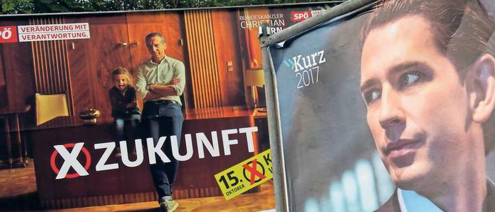 Blickfang. Im Vergleich zur Rockstar-Tournee des Herausforderers Sebastian Kurz wirkt der Wahlkampf von Bundeskanzler Christian Kern (links) wie eine Reise zu den Kellerbühnen des Landes.