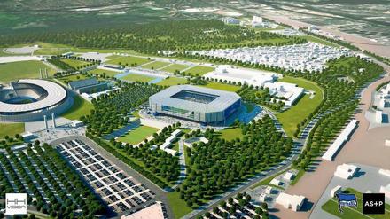 Herthas neue, alte Heimat. Links das Olympiastadion, in der Mitte der Wunschstandort von Hertha. Der Klub will die Arena selbst finanzieren. 