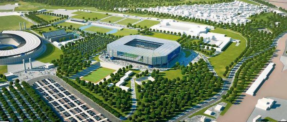 Herthas neue, alte Heimat. Links das Olympiastadion, in der Mitte der Wunschstandort von Hertha. Der Klub will die Arena selbst finanzieren.