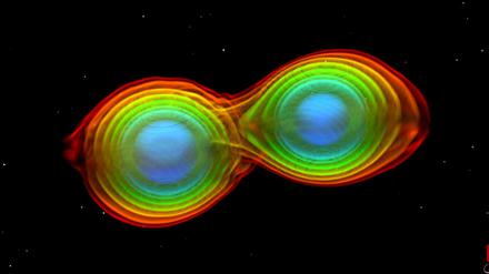 Simulation zweier einander umkreisender und verschmelzender Neutronensterne. 