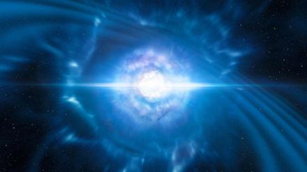 Diese künstlerische Darstellung zeigt die Explosion zweier verschmelzender Neutronensterne. Astronomen haben erstmals Gravitationswellen von der Kollision zweier Neutronensterne aufgezeichnet.