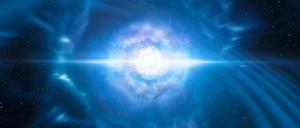 Diese künstlerische Darstellung zeigt die Explosion zweier verschmelzender Neutronensterne. Astronomen haben erstmals Gravitationswellen von der Kollision zweier Neutronensterne aufgezeichnet.