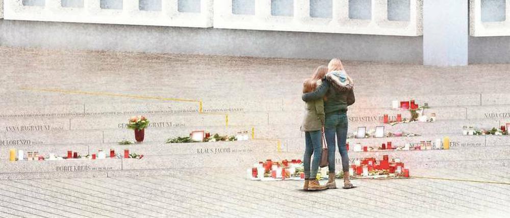 Gedenken auf dem Bürgersteig. Die Visualisierung zeigt das Mahnmal für die Opfer des Terroranschlags auf den Weihnachtsmarkt vor einem knappen Jahr.