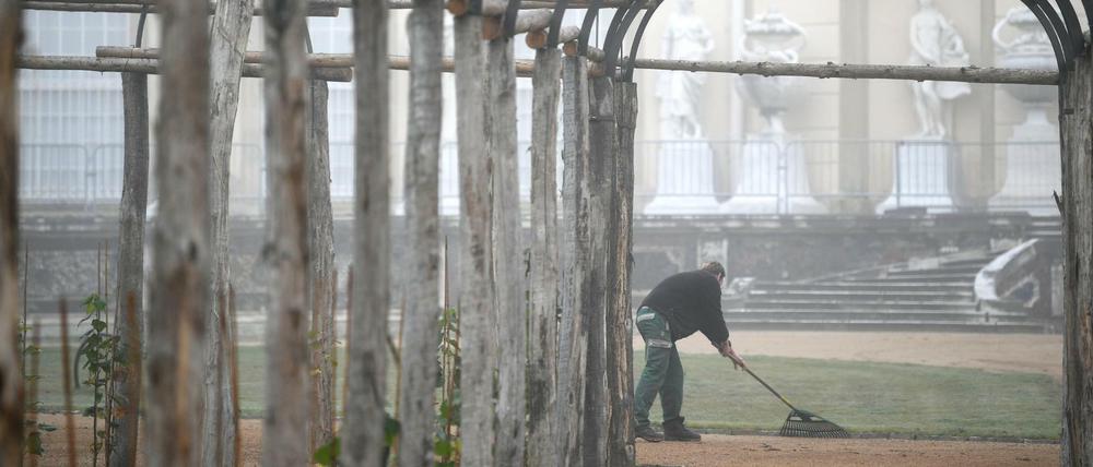Ein Arbeiter ist im Park Sanssouci in Potsdam (Brandenburg) im Holländischen Garten beschäftigt.