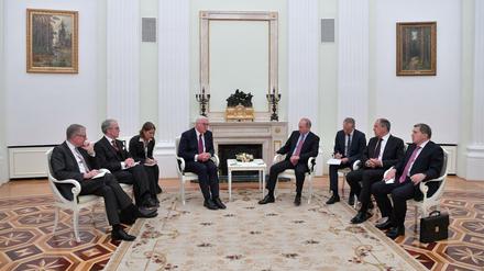 Bundespräsident Frank-Walter Steinmeier mit dem russischen Staatschef Wladimir Putin im Kreml. 