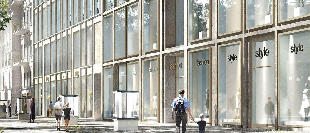 Die Neubauentwürfe für den Ku’damm 12 (rechts, bisher: Gloria-Palast) und das früher als Schuhhandlung Görtz bekannte Nachbarhaus.