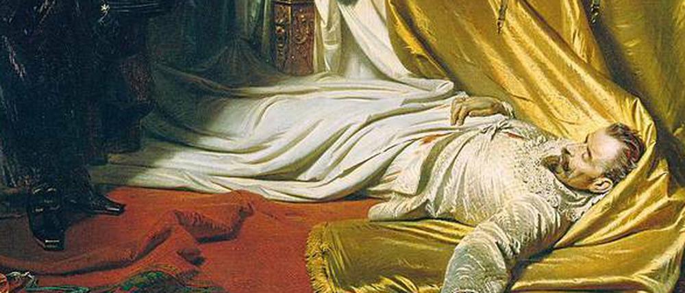 1855 malte Carl Theodor von Piloty „Seni an der Leiche Wallensteins (1634)“ – eine Schlüsselszene des Dreißigjährigen Kriegs. 