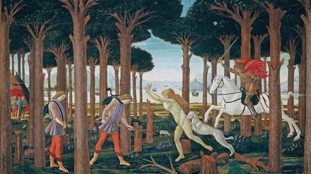 Jäger und Beute: Das erste Bild des grausamen allegorischen Zyklus' „Das Gastmahl des Nastagio degli Onesti“ (1487, Prado) von Botticelli.