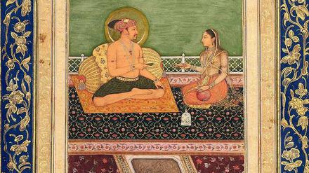 Der Moghulherrscher Jahangir (r. 1605-27) mit seiner Frau auf einem kaiserlichen Teppich, Indien, frühes 17. Jahrhundert. 
