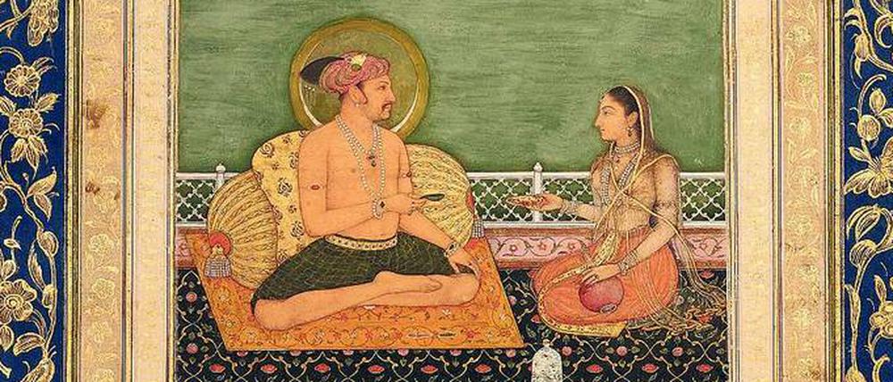 Der Moghulherrscher Jahangir (r. 1605-27) mit seiner Frau auf einem kaiserlichen Teppich, Indien, frühes 17. Jahrhundert.
