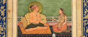 Der Moghulherrscher Jahangir (r. 1605-27) mit seiner Frau auf einem kaiserlichen Teppich, Indien, frühes 17. Jahrhundert. 