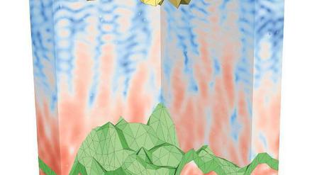 Simulation der Energiedichte des elektrischen Feldes in einer nanostrukturierten Dünnschicht-Tandem-Solarzelle aus Silizium.