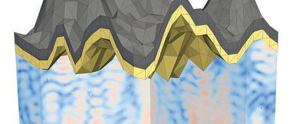 Simulation der Energiedichte des elektrischen Feldes in einer nanostrukturierten Dünnschicht-Tandem-Solarzelle aus Silizium.