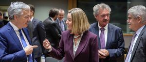 Der belgische Außenminister Didier Reynders (l) und die EU-Außenbeauftragte Federica Mogherini in Brüssel. 