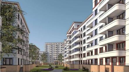 Die Animation zeigt den Blick durch den Hofgarten auf das Hochhaus an der Gartenfelder Straße.
