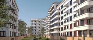 Die Animation zeigt den Blick durch den Hofgarten auf das Hochhaus an der Gartenfelder Straße.