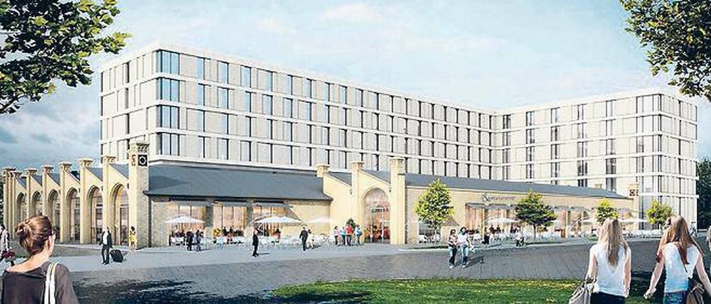 Dieser Gebäuderiegel könnte gestützt auf Stahlträgern über einem Teil der alten Wagenhalle errichtet werden. 
