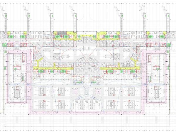 Die Grafik zeigt das Brandschutzsystem im künftigen Terminal - mit Rauchabschnitten mit Brandwänden und Türen sowie Wege für Flucht und Retter.