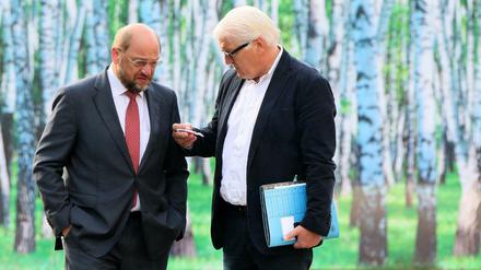 Da waren die Probleme noch überschaubar: Der damalige Bundesaußenminister Frank-Walter Steinmeier (rechts) und der damalige Präsident des Europäischen Parlamentes, Martin Schulz (beide SPD), im August 2014 am Rande einer Klausurtagung. 