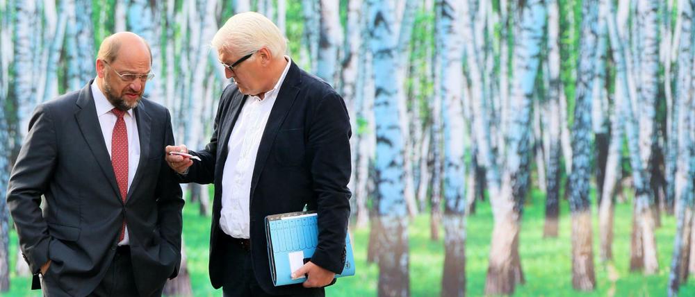 Da waren die Probleme noch überschaubar: Der damalige Bundesaußenminister Frank-Walter Steinmeier (rechts) und der damalige Präsident des Europäischen Parlamentes, Martin Schulz (beide SPD), im August 2014 am Rande einer Klausurtagung.